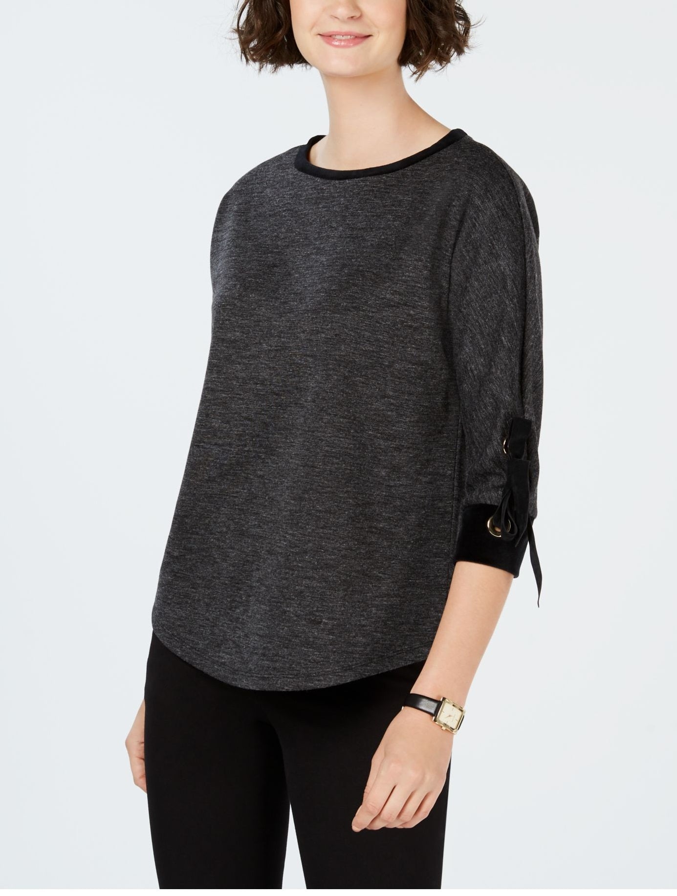 Charter Club Women's Tie Sleeve Top Gray Size Petite L