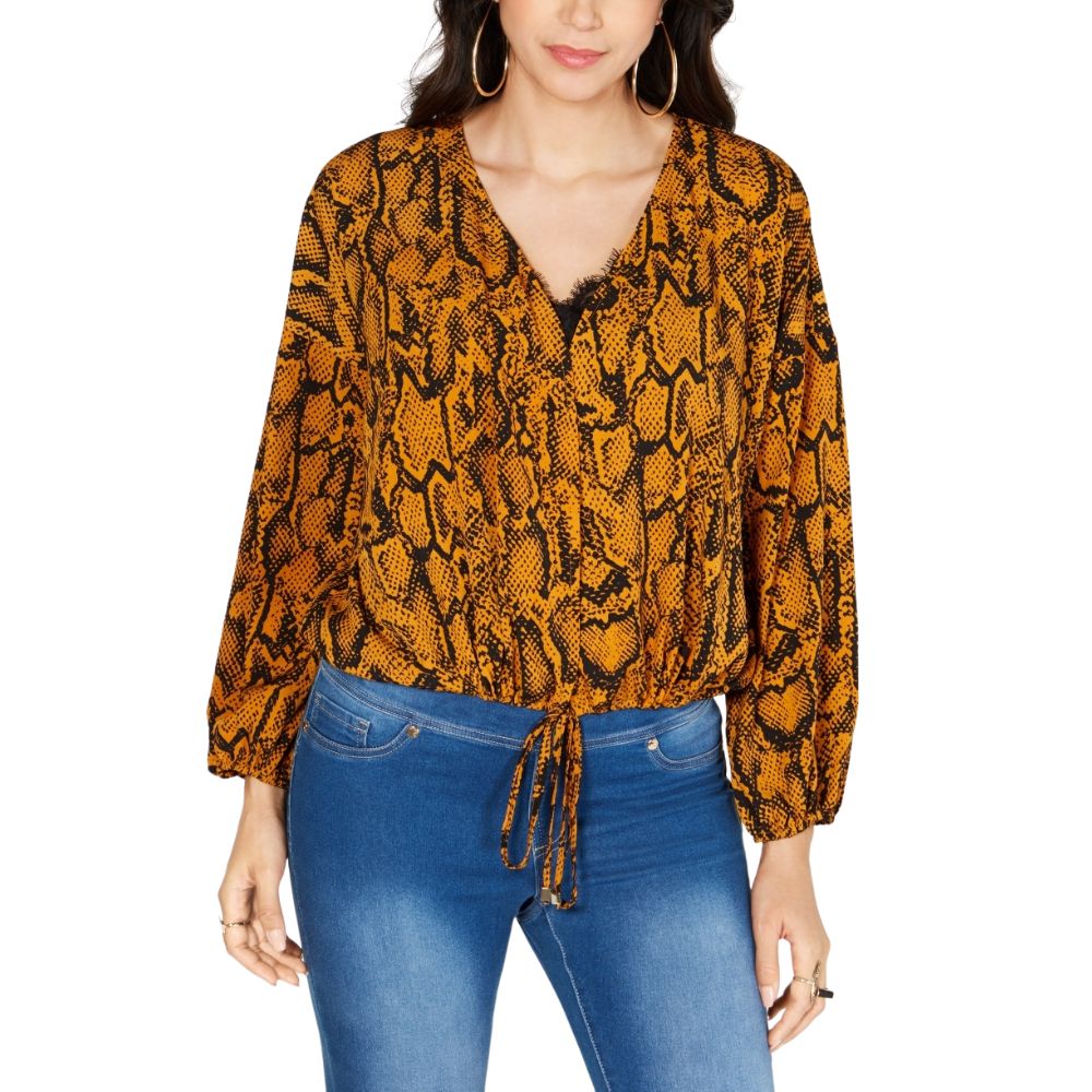 Thalia Sodi Women's Tie-Hem Snake-Print Top  Gold Size Large
