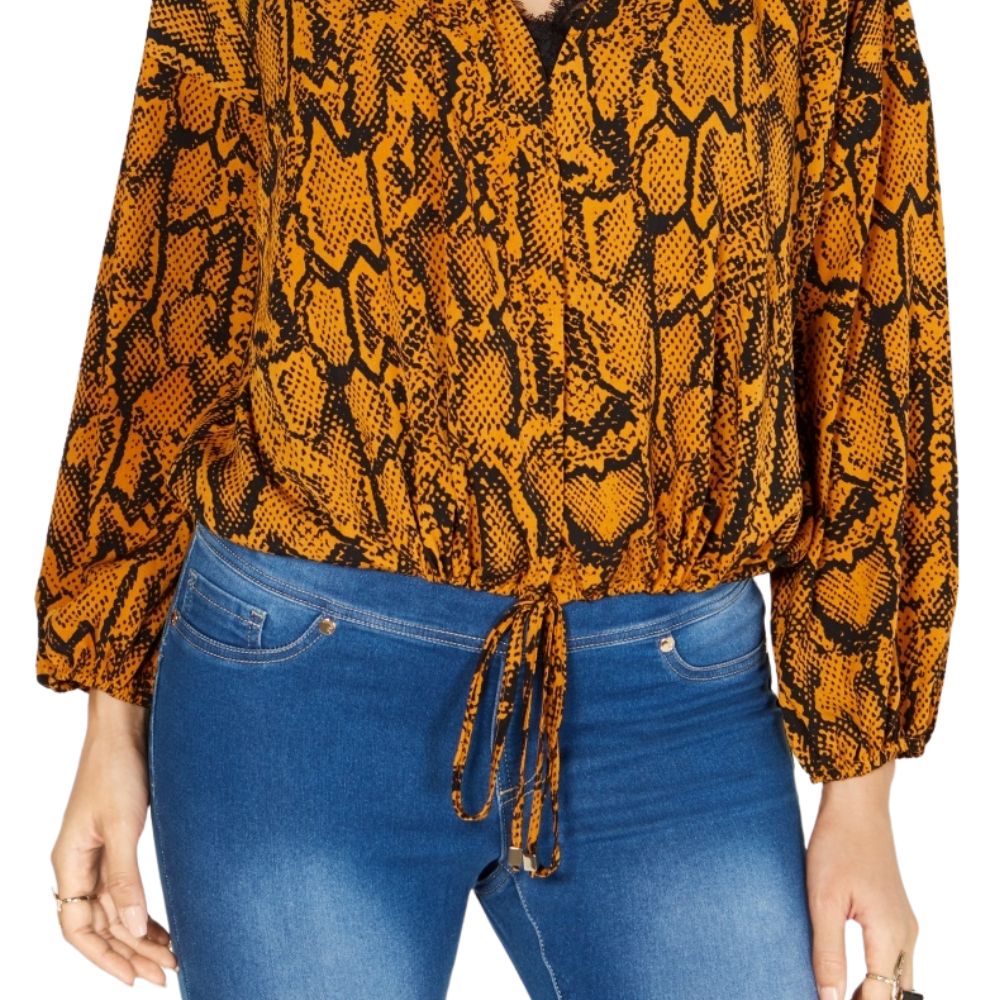 Thalia Sodi Women's Tie-Hem Snake-Print Top  Gold Size Large