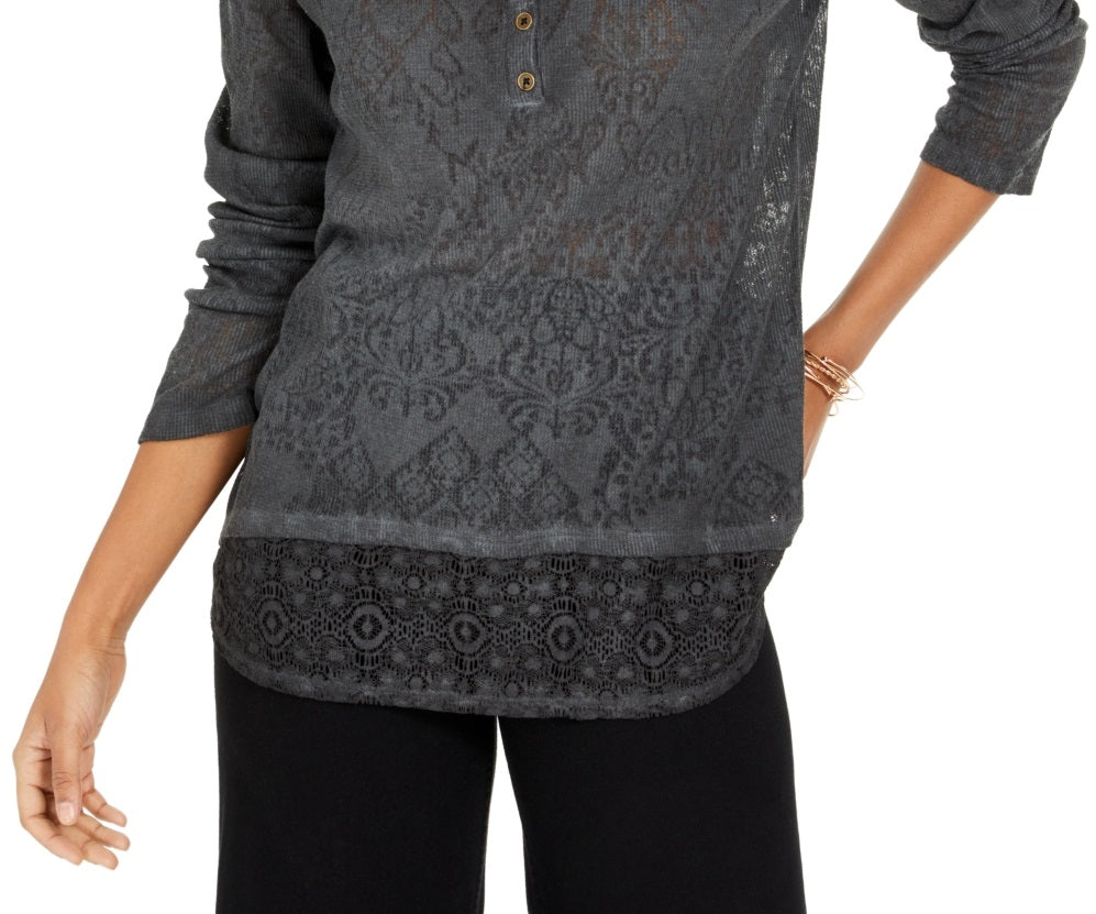 Style & Co Women's Lace Henley Top Black Size Small