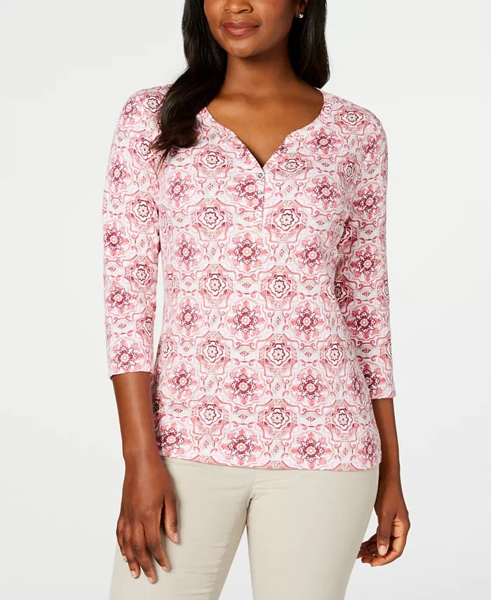 Karen Scott Women's Petite Printed 3/4-Sleeve Henley Top Pink Size PL