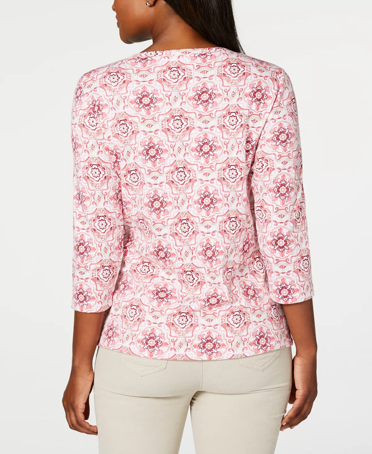 Karen Scott Women's Petite Printed 3/4-Sleeve Henley Top Pink Size PL