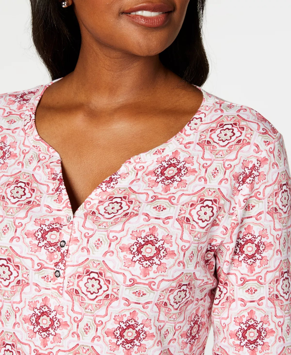 Karen Scott Women's Petite Printed 3/4-Sleeve Henley Top Pink Size PL