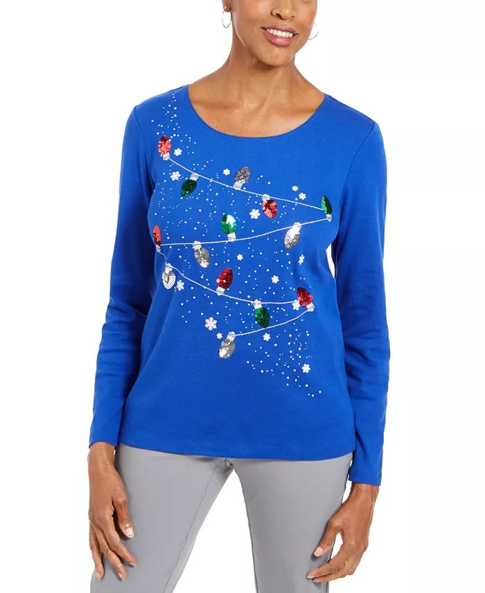 Karen Scott Women's Petite Embellished Cotton Top Blue Size Petite