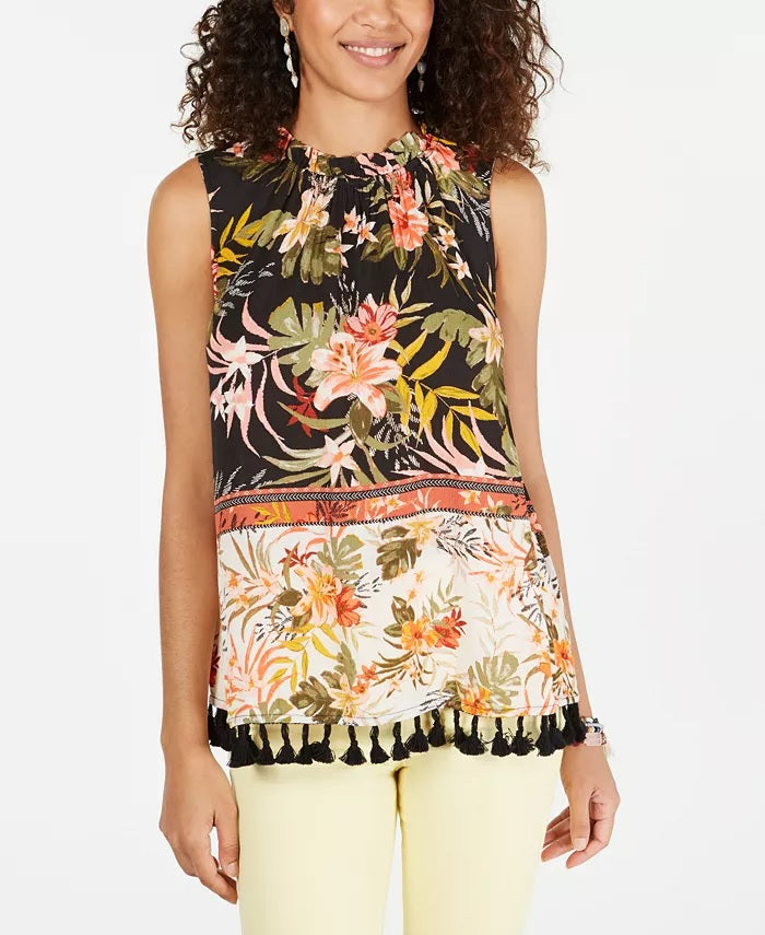 Style & Co Women's Floral-Print Tassel-Trim Top  Black Size X-Small