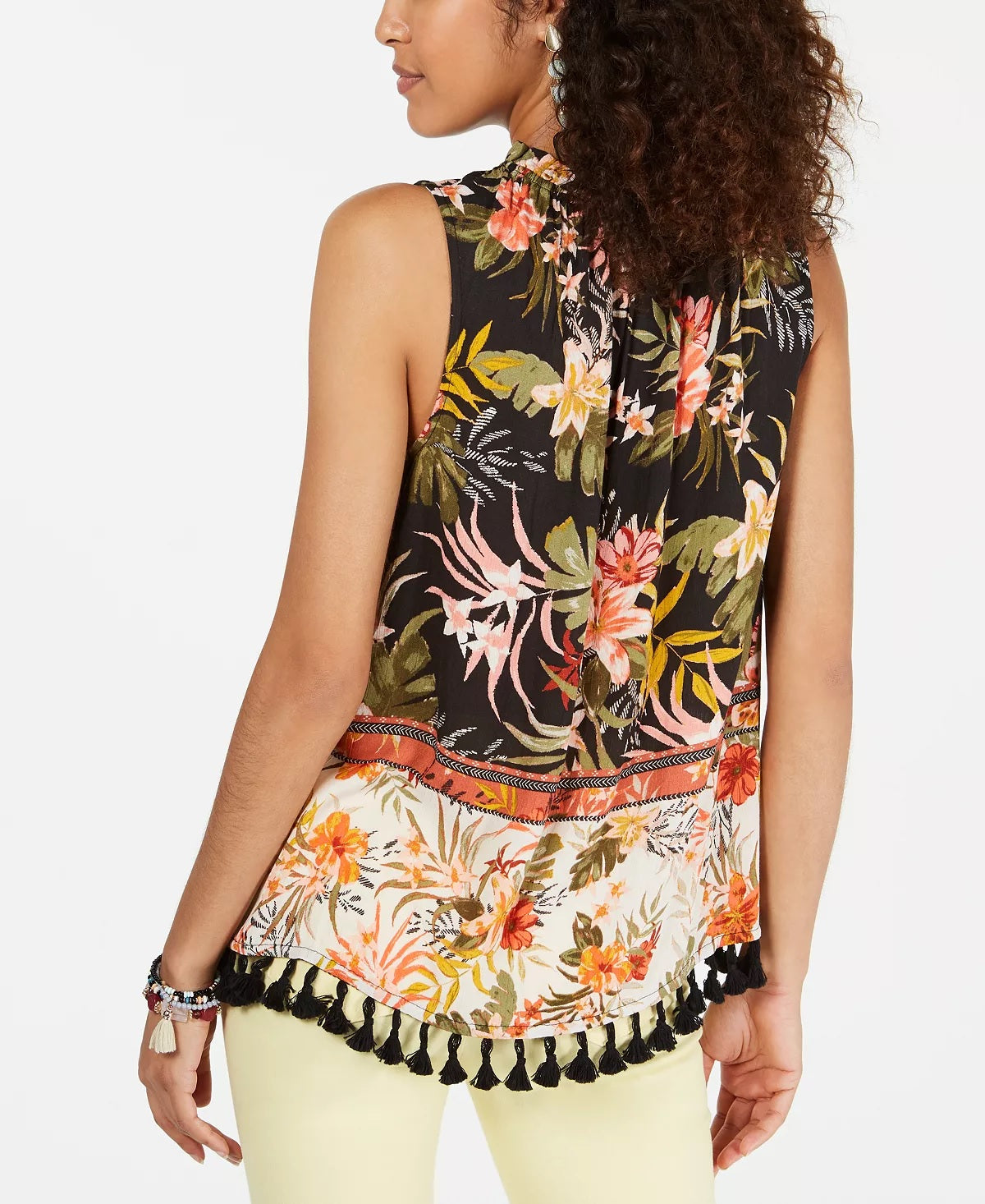 Style & Co Women's Floral-Print Tassel-Trim Top  Black Size X-Small
