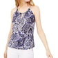 INC International Concepts Women's Petite Printed Embellished Halter Top Navy Size PS