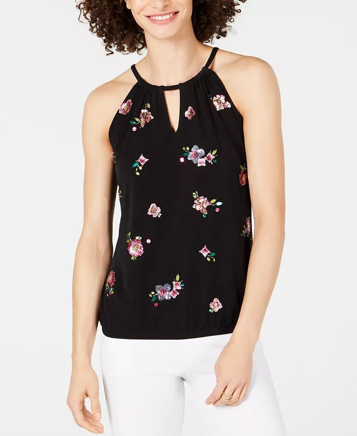 INC International Concepts Women's Petite Embellished Bubble Hem Halter Top Black Size 44