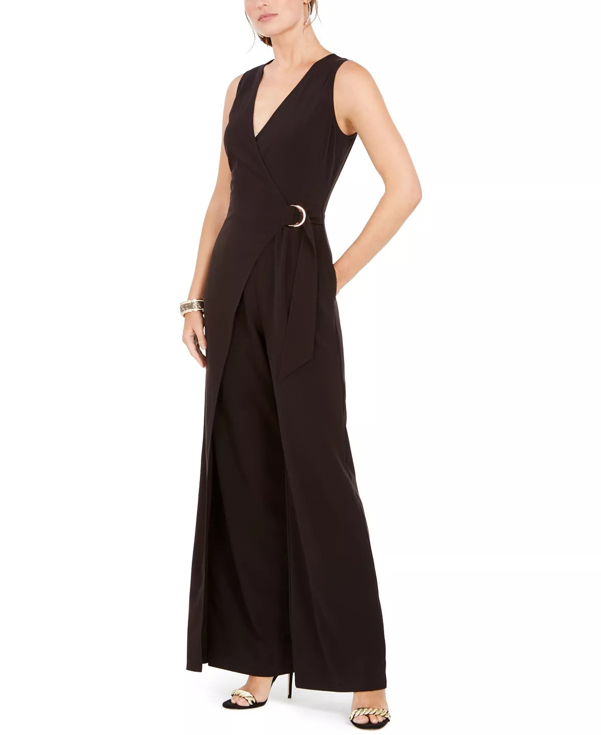 Vince Camuto Women’s D-Ring Belted Wrap Jumpsuit Black Black Size 8