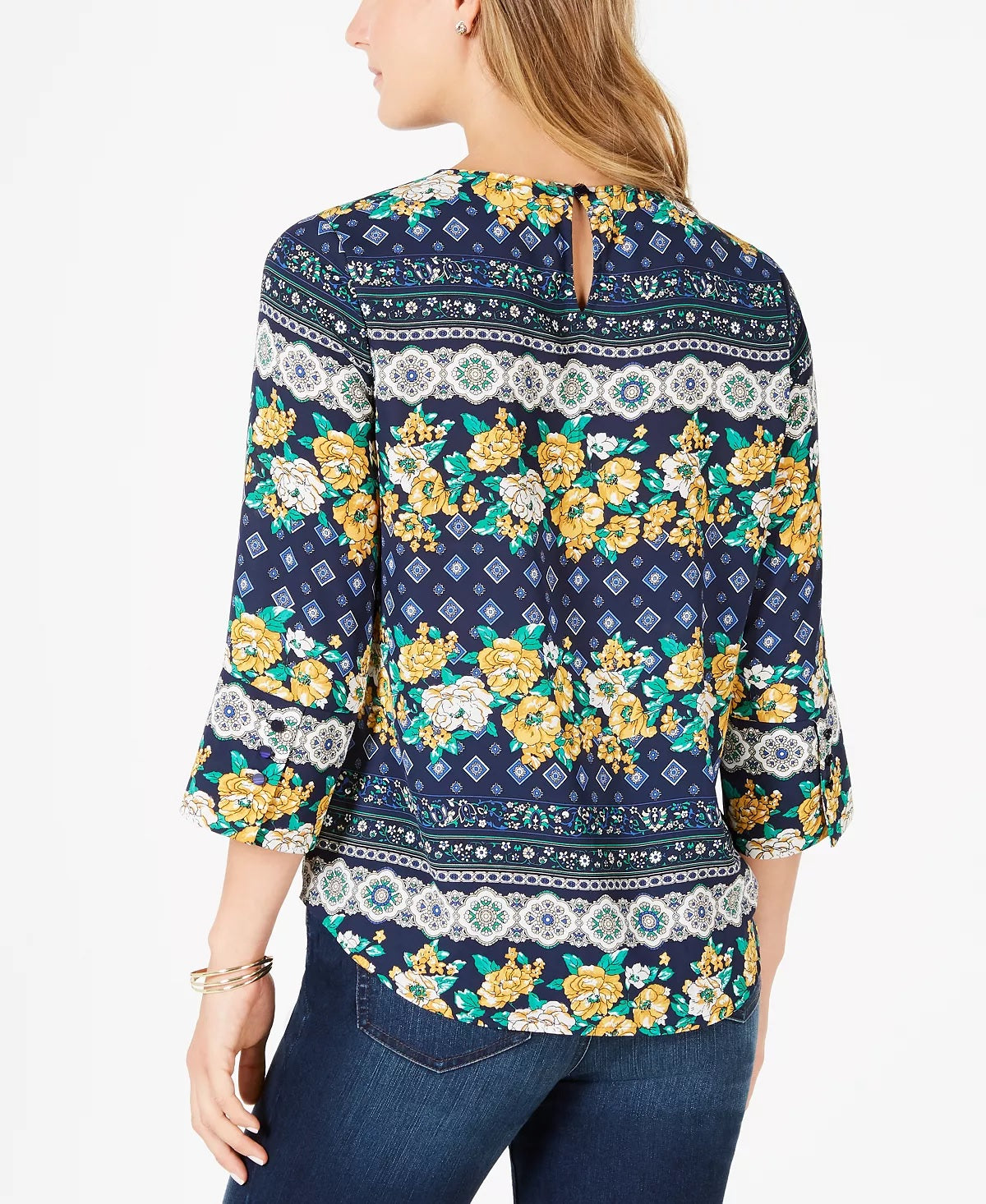 Charter Club Women's Petite 3/4-Sleeve Printed Top Blue Size Petite