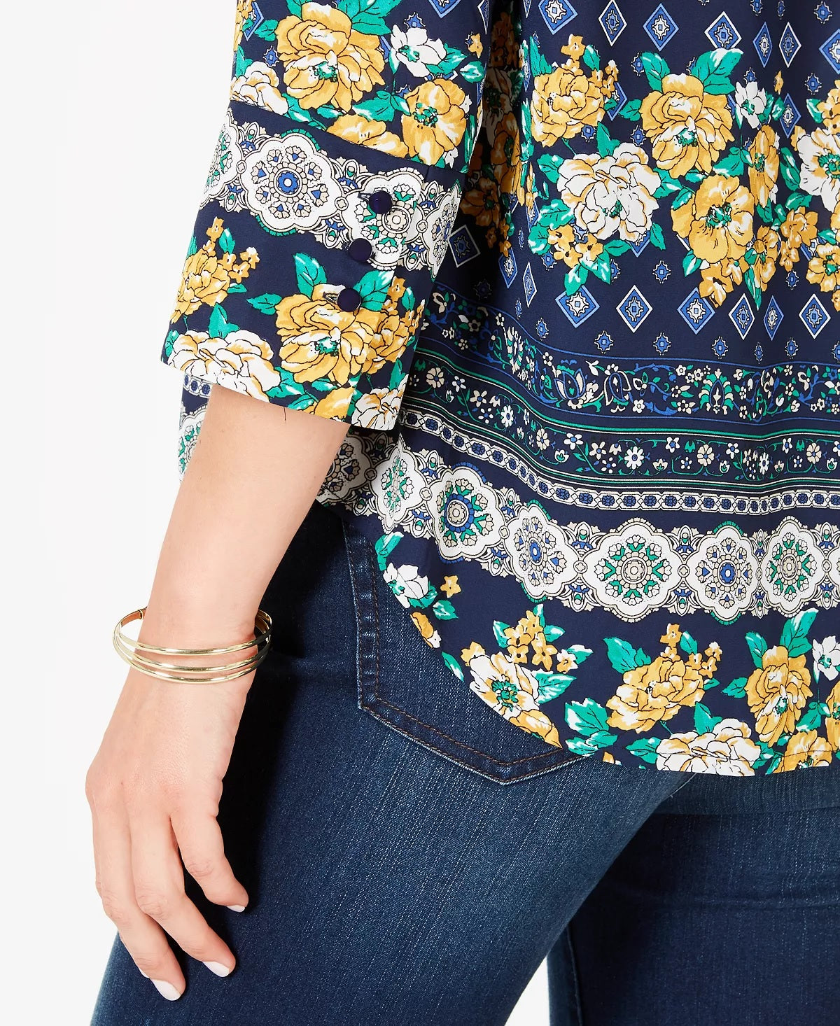 Charter Club Women's Petite 3/4-Sleeve Printed Top Blue Size Petite