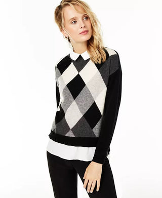 Charter Club Women's Argyle Cashmere Layered-Look Sweater Regular & Petite Sizes Black Size Small