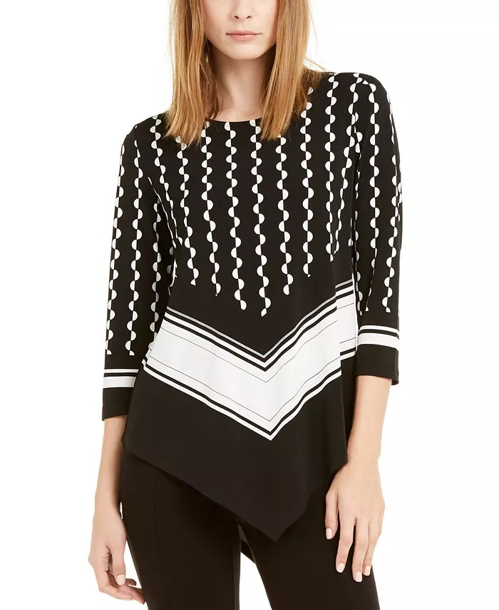 Alfani Women's Petite Printed Colorblocked Pointed-Hem Top Black Size PXL