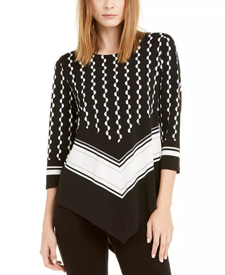 Alfani Women's Petite Printed Colorblocked Pointed-Hem Top Black Size PXL