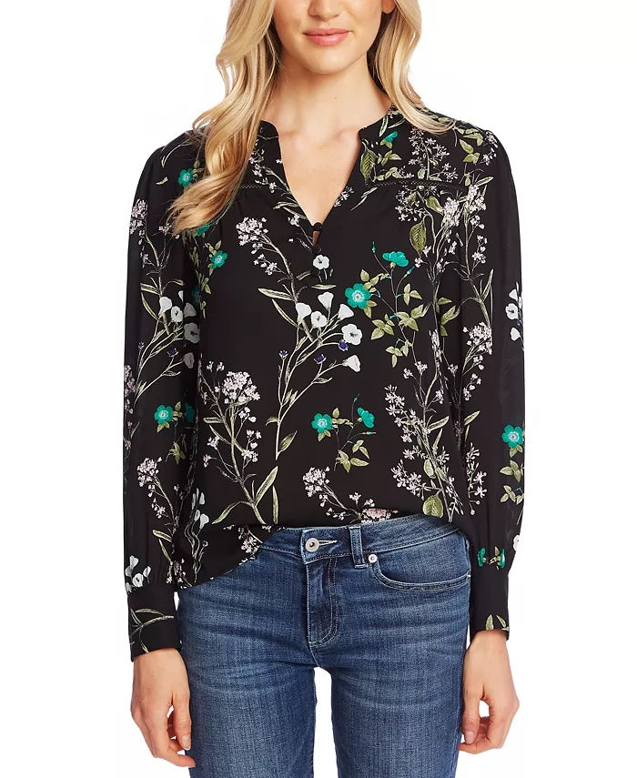 Cece Women's Winter Botanical Crochet-Trim Top Black Size Small