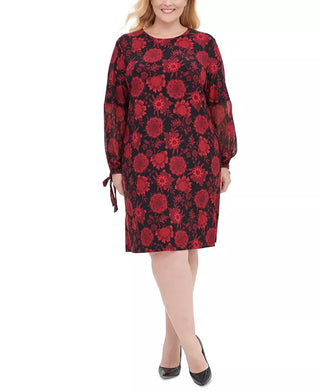 Tommy Hilfiger Women's Plus Size Printed Chiffon-Sleeve Shift Dress Charcoal Size 18W