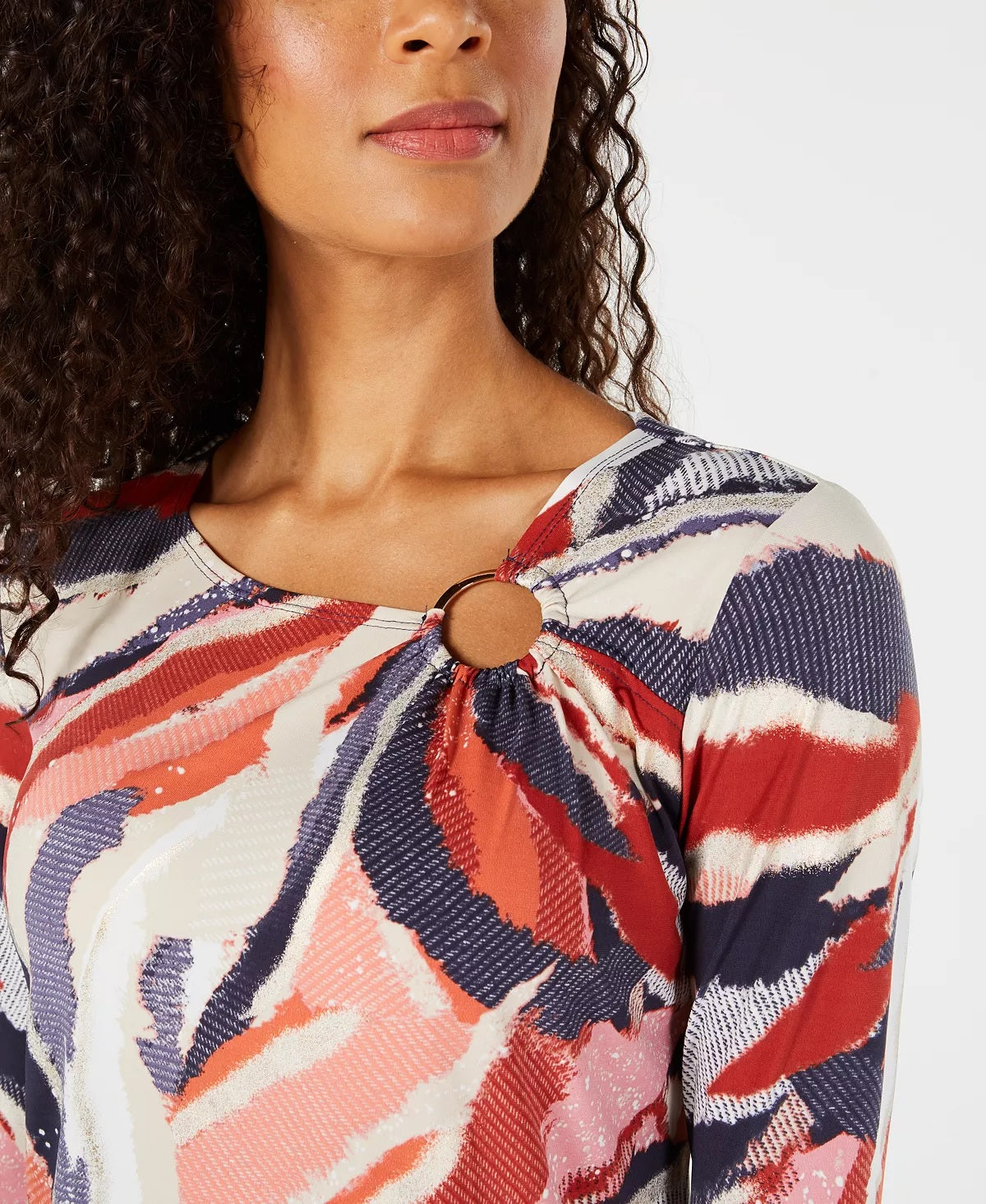 JM Collection Women's Petite Printed Asymmetrical Top Red Size Petite