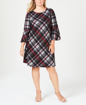 Jessica Howard Women's Plus Size Plaid Bell-Sleeve Dress Charcoal Size 2X