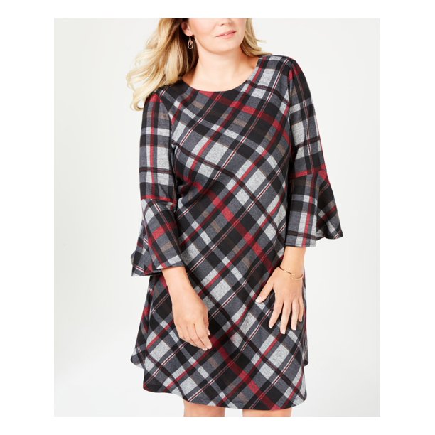 Jessica Howard Women's Plus Size Plaid Bell-Sleeve Dress Charcoal Size 2X