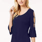 JM Collection Women's Ring-Detailed Cutout Ruffle-Sleeved Top Blue Size Small