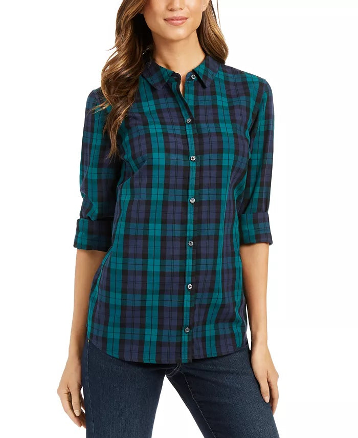 Charter Club Women's Petite Cotton Plaid Utility Shirt Black Size Petite