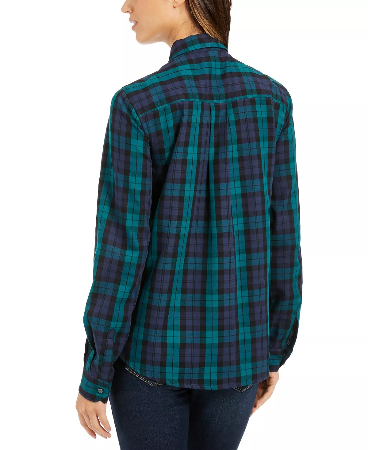 Charter Club Women's Petite Cotton Plaid Utility Shirt Black Size Petite
