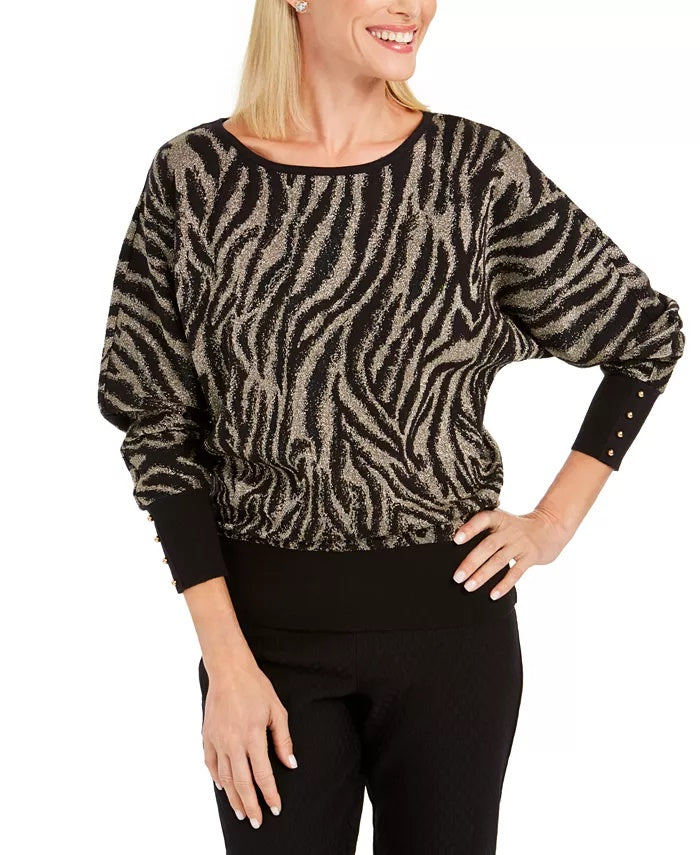 JM Collection Women's Petite Zebra-Print Jacquard Sweater Black Size Petite