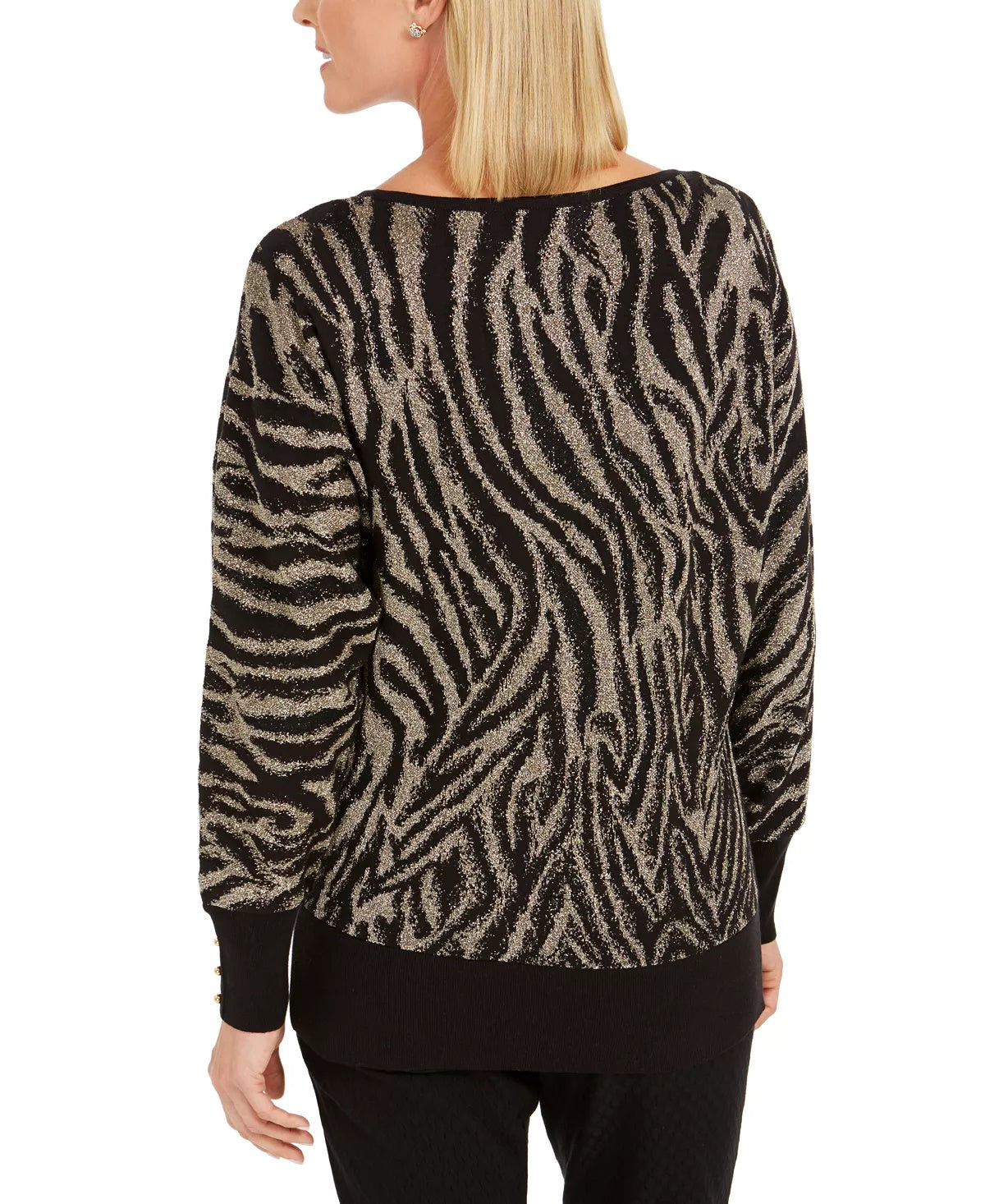 JM Collection Women's Petite Zebra-Print Jacquard Sweater Black Size Petite