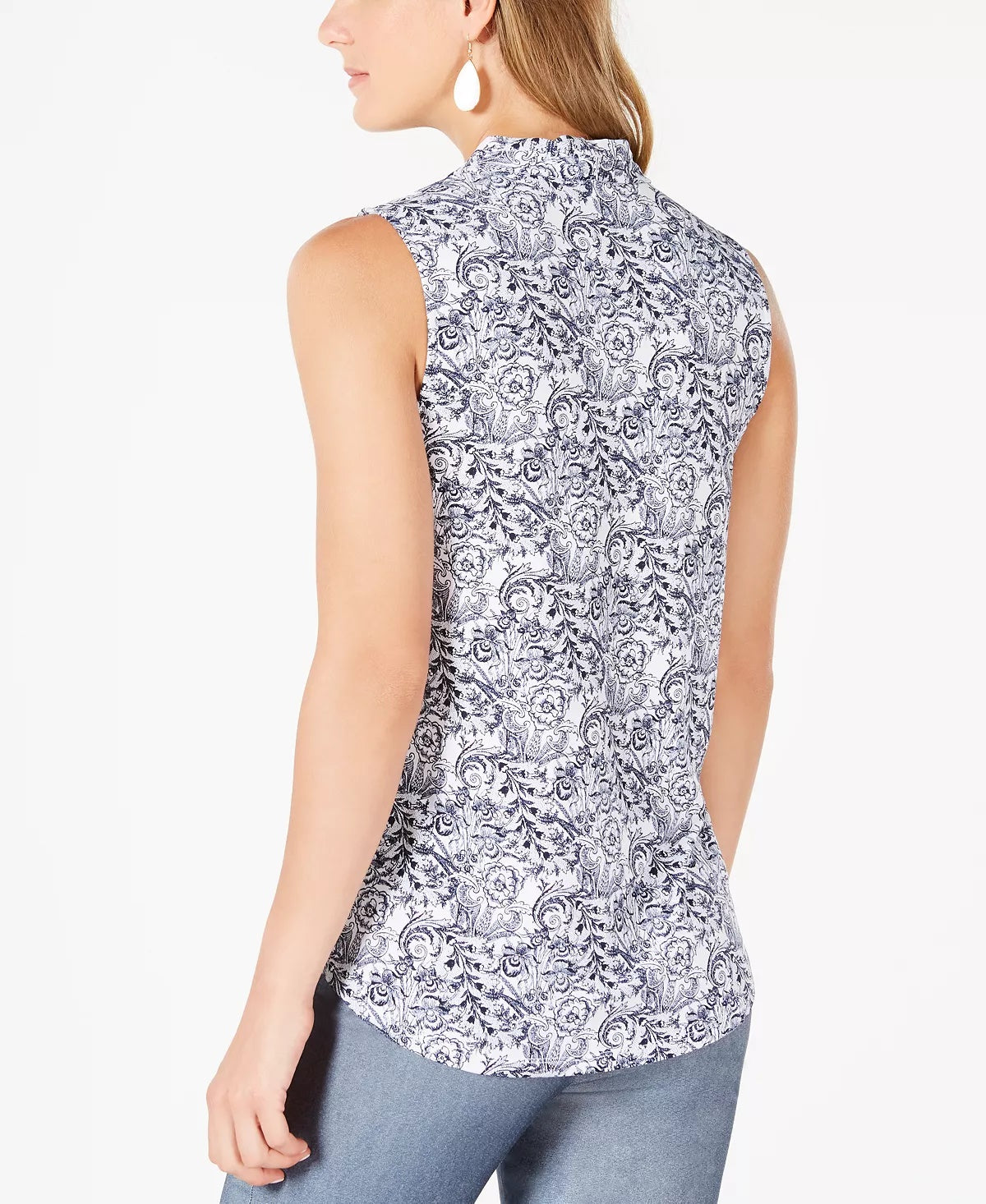 Charter Club Women's Petite Sleeveless Printed Pleat-Neck Top White Size PXL