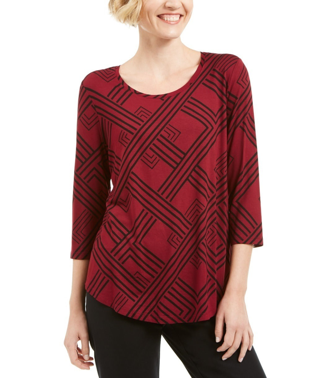 JM Collection Women's 3/4-Sleeve Printed Top Red Size Medium