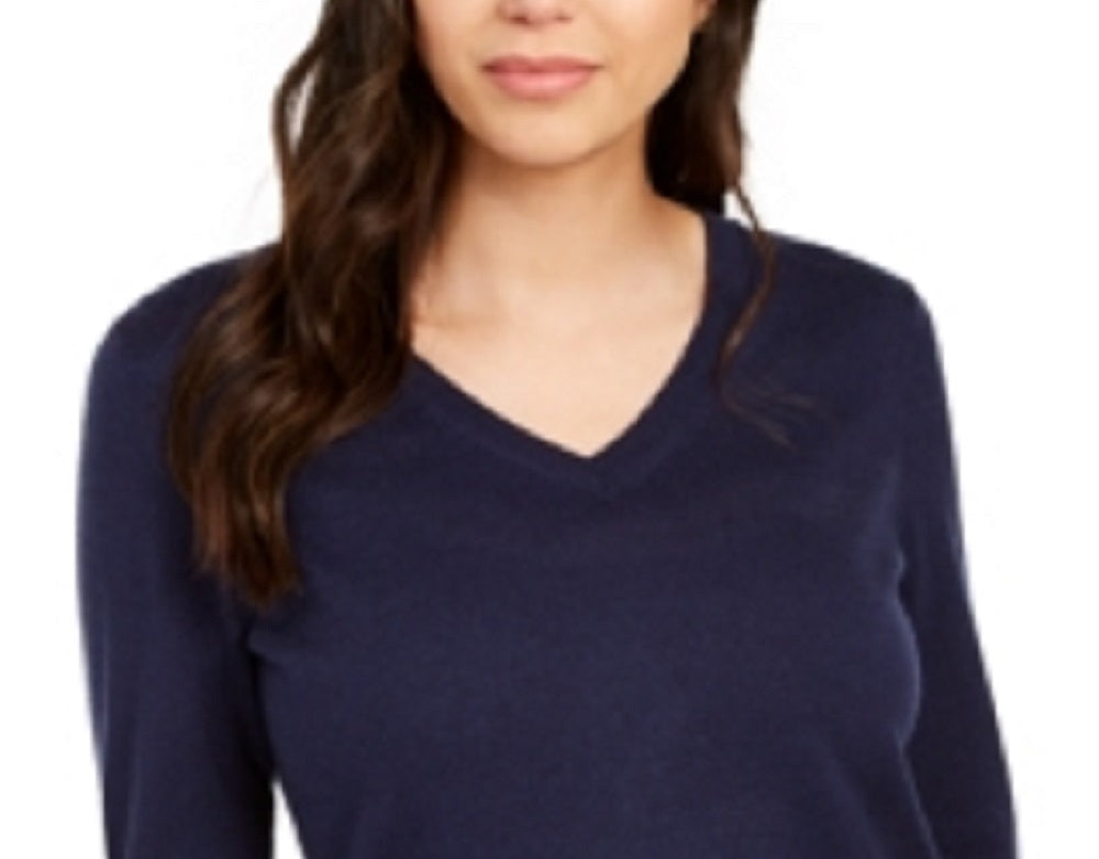 Charter Club Women's Merino Wool Button Cuff V Neck Sweater Blue Size XX-Large