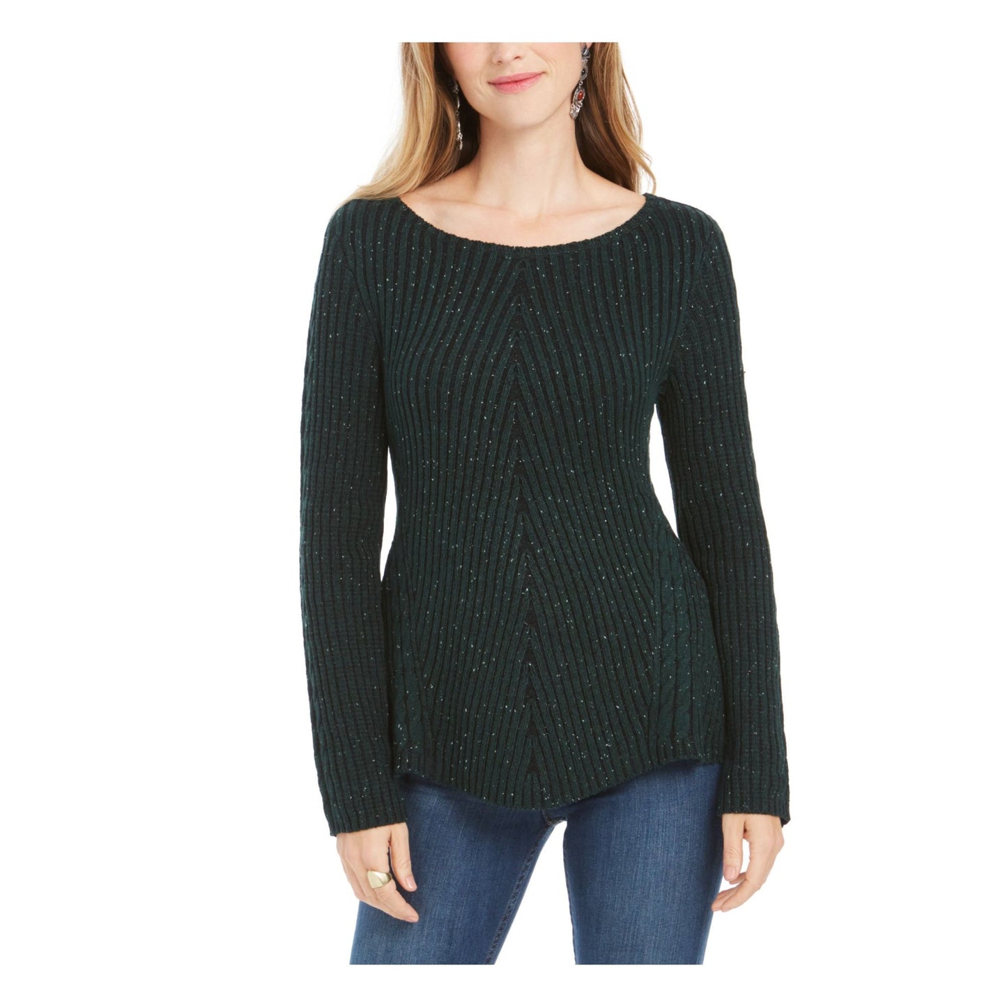 Style & Co Women's Textured Speckle Long Sleeve Jewel Neck T-Shirt Sweater Green Size Petite M