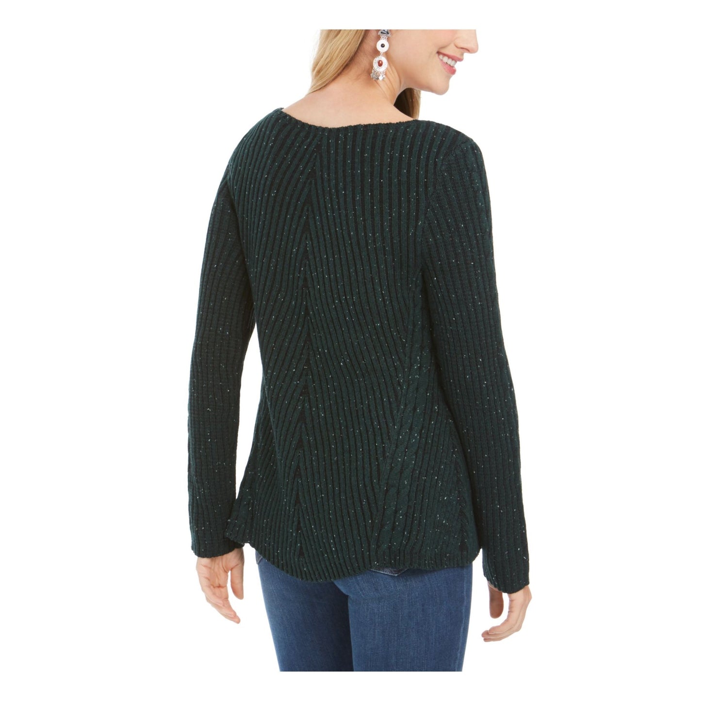 Style & Co Women's Textured Speckle Long Sleeve Jewel Neck T-Shirt Sweater Green Size Petite M