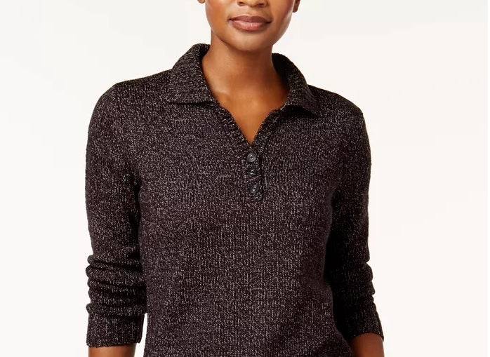 Karen Scott Women's Point Collar Marled Sweater Black Size Large