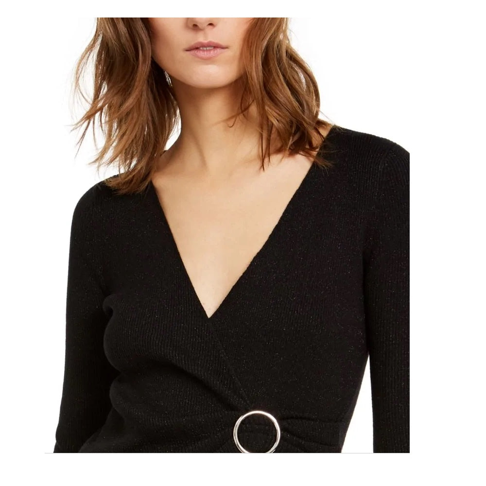 INC International Concepts Women's Metallic Knit Faux Wrap Sweater Black Size Petite S
