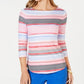 Charter Club Women's Striped Cotton Boat Neck Top Pink Size Petite Medium
