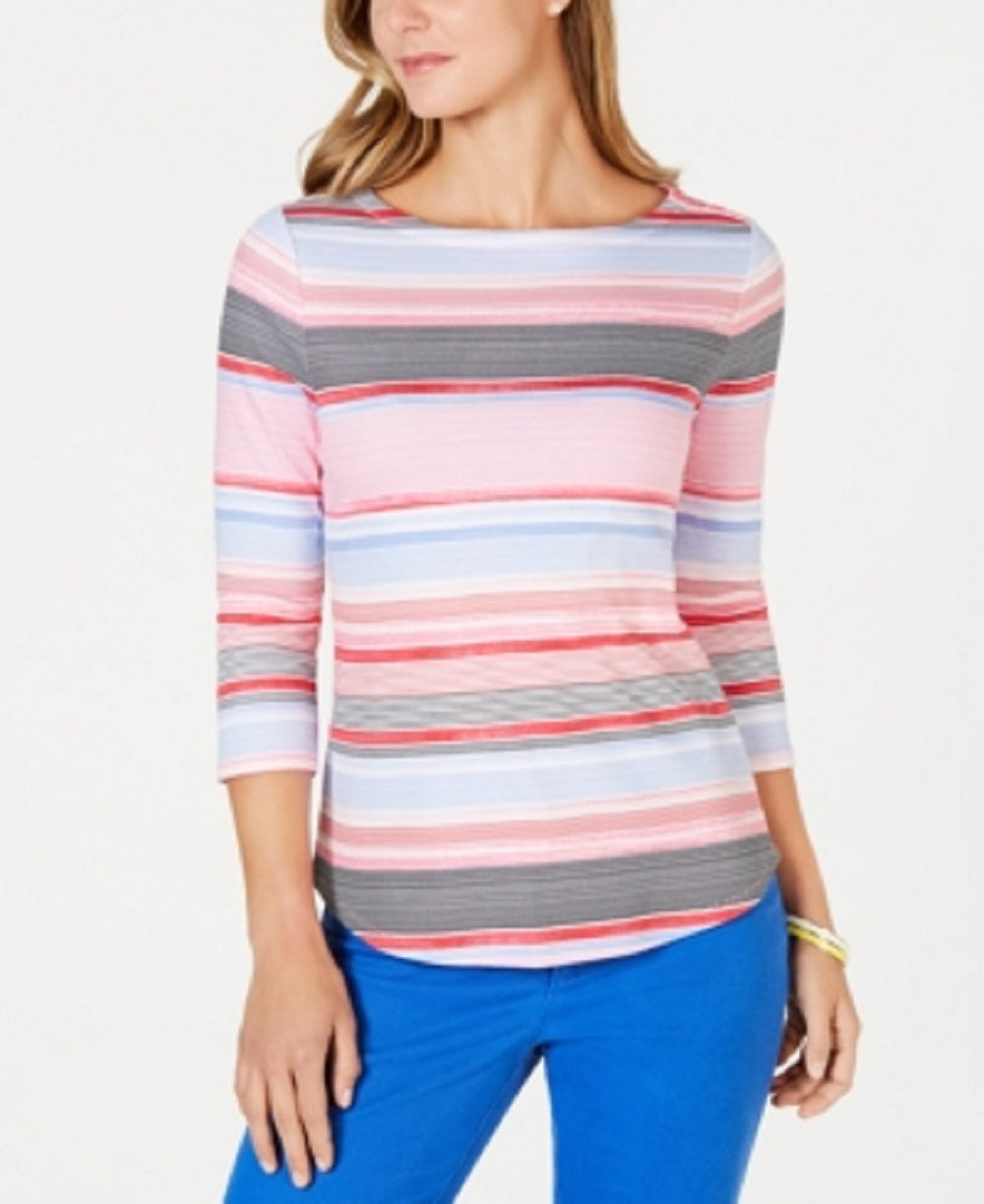 Charter Club Women's Striped Cotton Boat Neck Top Pink Size Petite Medium