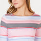 Charter Club Women's Striped Cotton Boat Neck Top Pink Size Petite Medium