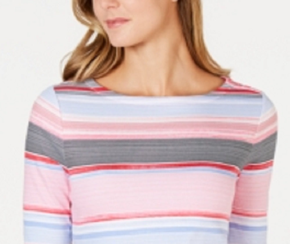 Charter Club Women's Striped Cotton Boat Neck Top Pink Size Petite Medium