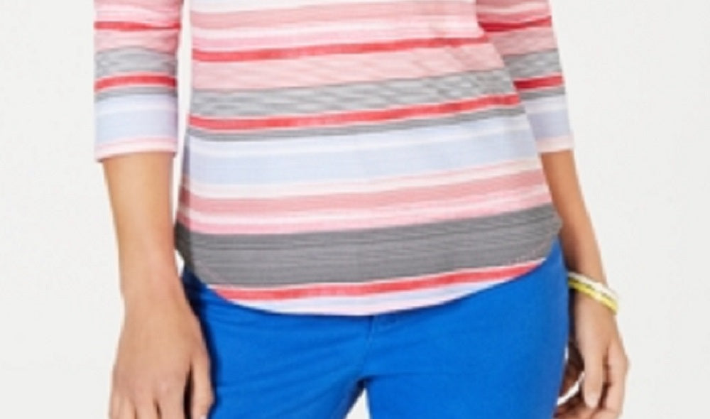 Charter Club Women's Striped Cotton Boat Neck Top Pink Size Petite Medium