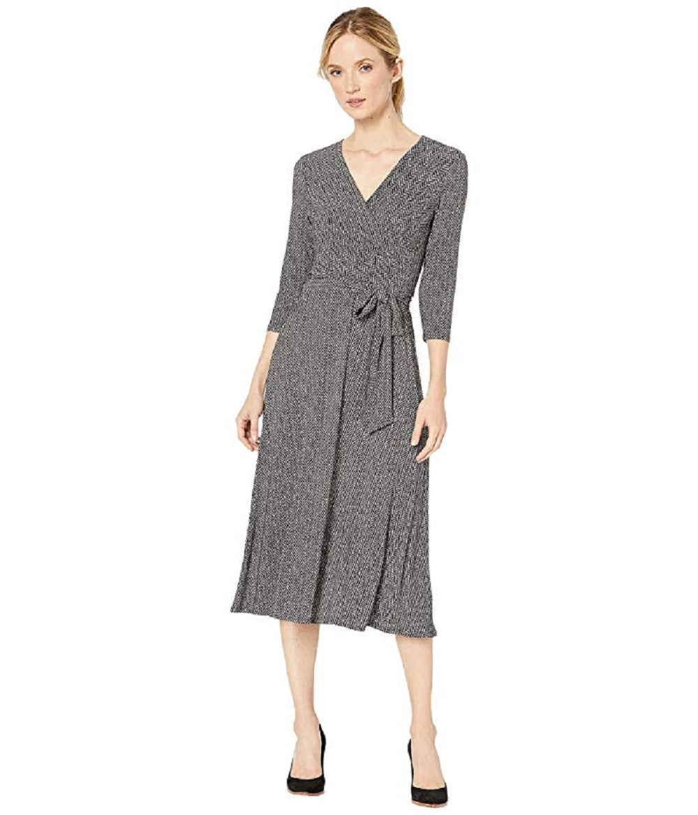 Ralph Lauren Women's Tie Herringbone 3/4 Sleeve V Neck Midi Faux Wrap Party Dress Grey Size 14