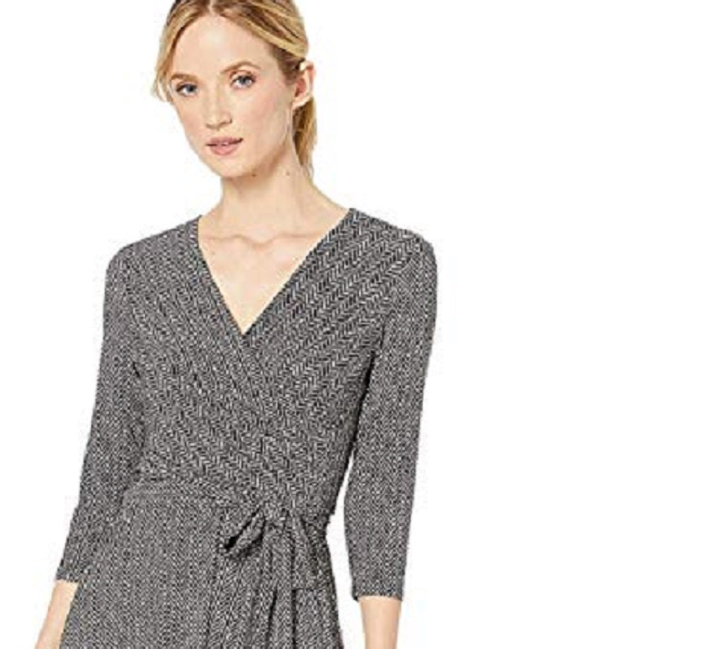 Ralph Lauren Women's Tie Herringbone 3/4 Sleeve V Neck Midi Faux Wrap Party Dress Grey Size 14