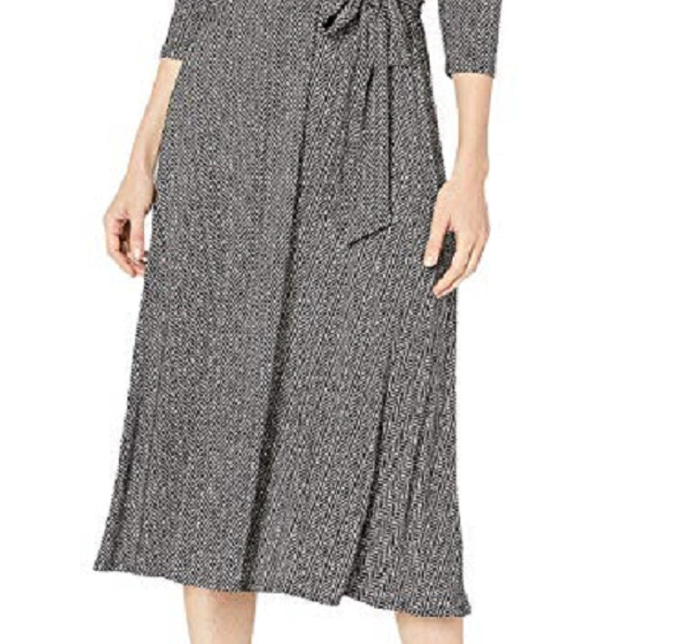 Ralph Lauren Women's Tie Herringbone 3/4 Sleeve V Neck Midi Faux Wrap Party Dress Grey Size 14