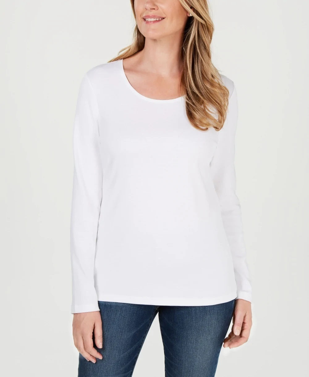 Karen Scott Women's Cotton Scoop Neck Top White Size Petite L