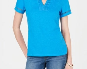 Charter Club Women's Split-Neck Cotton Top Turquoise Size Medium