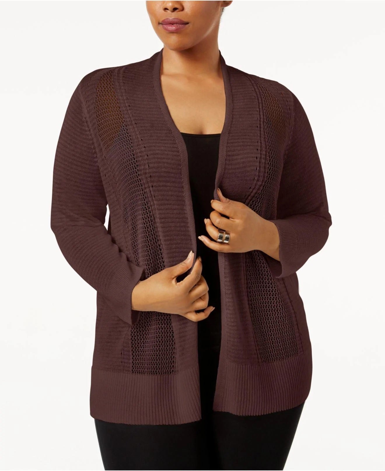 Alfani Women's Petite Mixed-Stitch Open-Front Cardigan Brown Size Medium