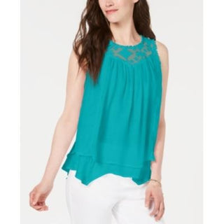Style & Co Women's Lace-Trim Swing Top Turquoise Size X-Small