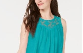 Style & Co Women's Lace-Trim Swing Top Turquoise Size X-Small