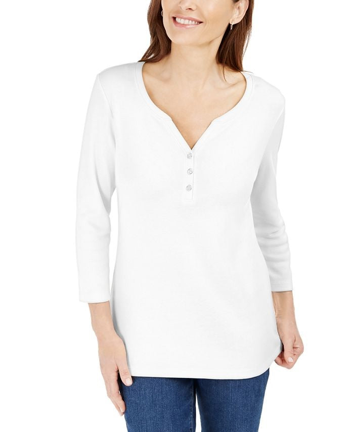 Karen Scott Women's Cotton Henley Top White Size Large