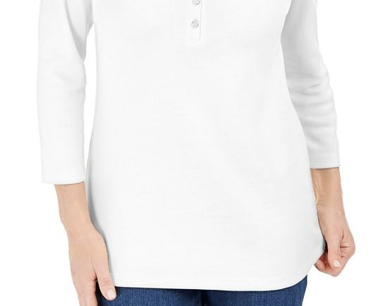 Karen Scott Women's Cotton Henley Top White Size Large
